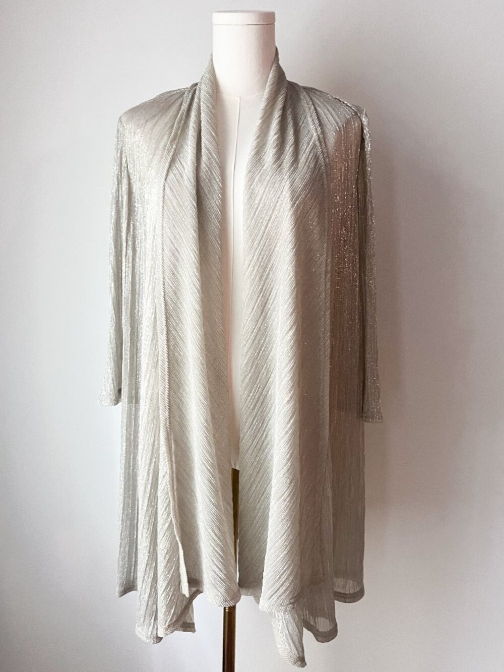 R&M Collections Silver Metallic Shimmer Duster Cardigan Jacket 12 Hollywood Glam